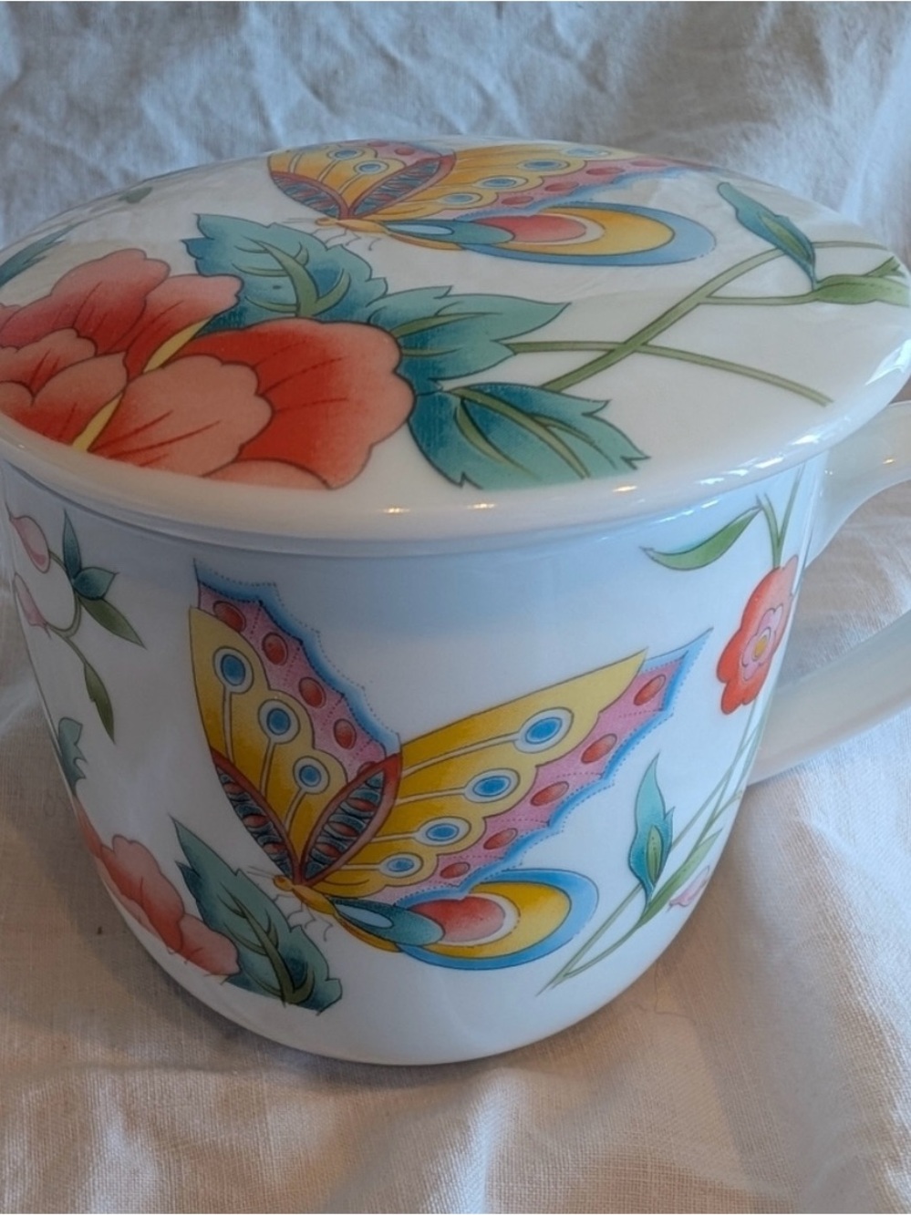 Floral Butterfly Lidded Mug - White with Multicolor Design